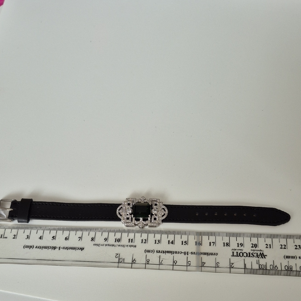 Black Leather Bracelet with Silver and Green Cz